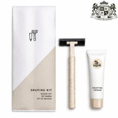 SHAVING KIT bio 0% zero waste -Σετ Ξυριστικης φροντιδας οικολογικο με ξυριστικη μηχανη διπλης λεπιδας κατασκευασμενη απο φυσικα υλικα και κρεμα ξυρισματος VERBENA 10ml σε αδιάβροχο οικολογικο σακουλακι (100 Σετ/Κιβ)