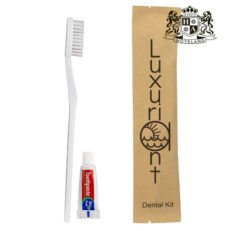 DENTAL KIT economy kraft–Σετ Οδοντικης Φροντιδας απο αμυλο καλαμποκιου και extra καπακι σε πολυτελης οικολογικη συσκευασια κασετινας kraft (500 Σετ/Κιβ)