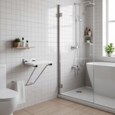 Alternative view of Folding shower seat with supporting foot-Επιτοιχιο Πτυσσόμενο κάθισμα ντους βαρεου τυπου με επιπλεον βάση στήριξης super ENIΣXYMENO (200 kg)