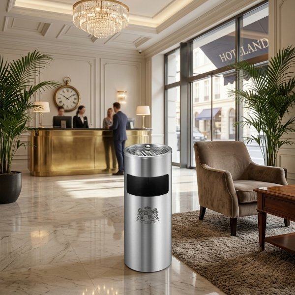 Trash bin with ashtray inox-Σταχτοδοχειο με καδο σκουπιδιων μαζι σε ματ inox χρωμα υψους 61,00cm - Image 2