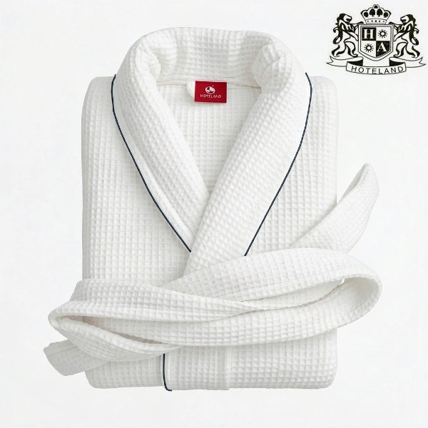 NEMESIS -Μπουρνουζι-Ρομπα Πικε waffle White ΚΙΜΟΝΟ 100% COTTON 350gsm ΜΕ ΡΕΛΙ BLUE NAVY