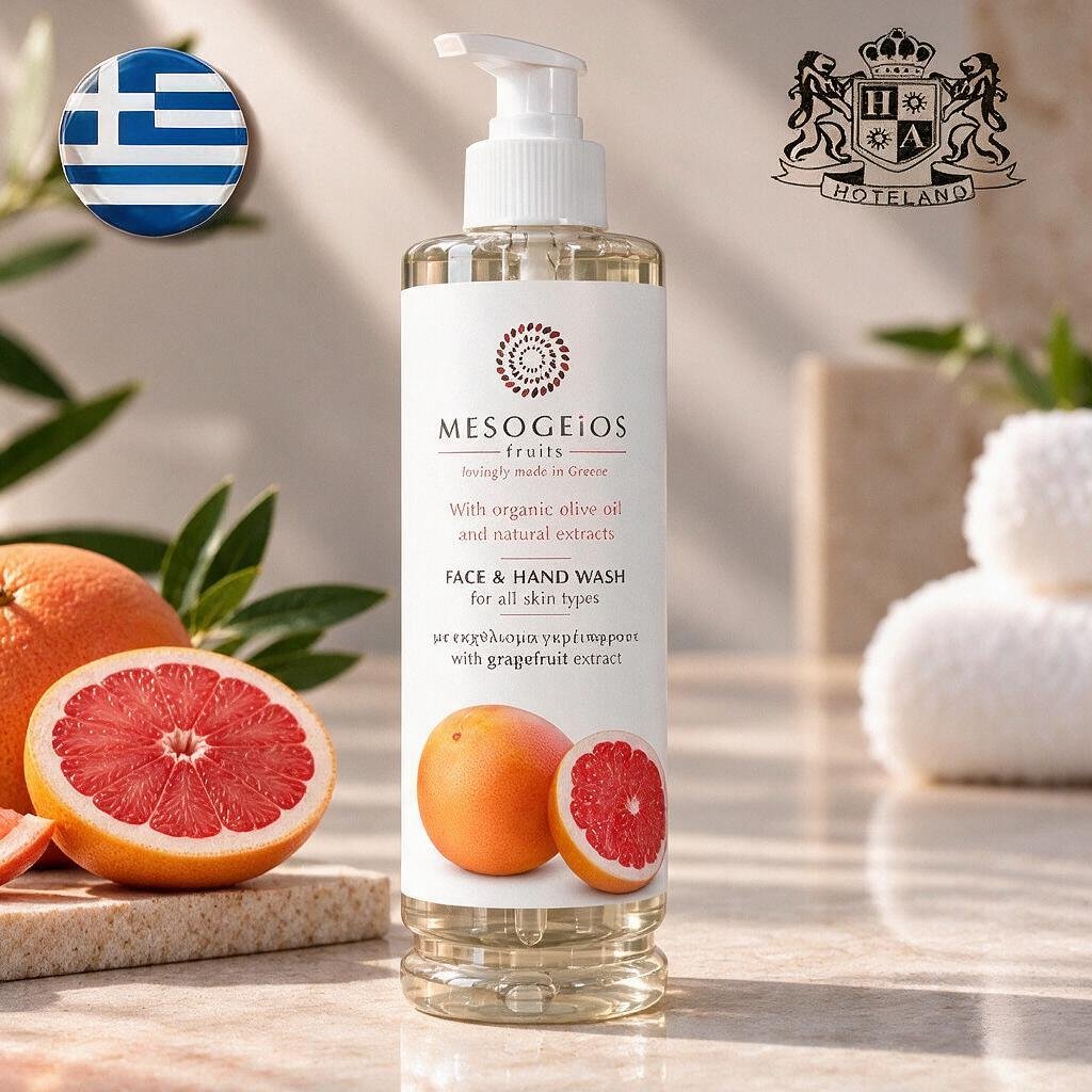 GREEK MESOGEIOS FRUITS-Yγρο Σαπουνι Προσωπου & Χεριων/Face & Hand Soap σε EΠANAΓEMIZOMENO μπουκαλι με Αντλια (DISPENSER) 400ml με εκχυλισμα γκρειπ φρουτ (9 τμχ/κιβώτιο) EΛΛΗΝΙΚΟ ΠΡΟΙΟΝ
